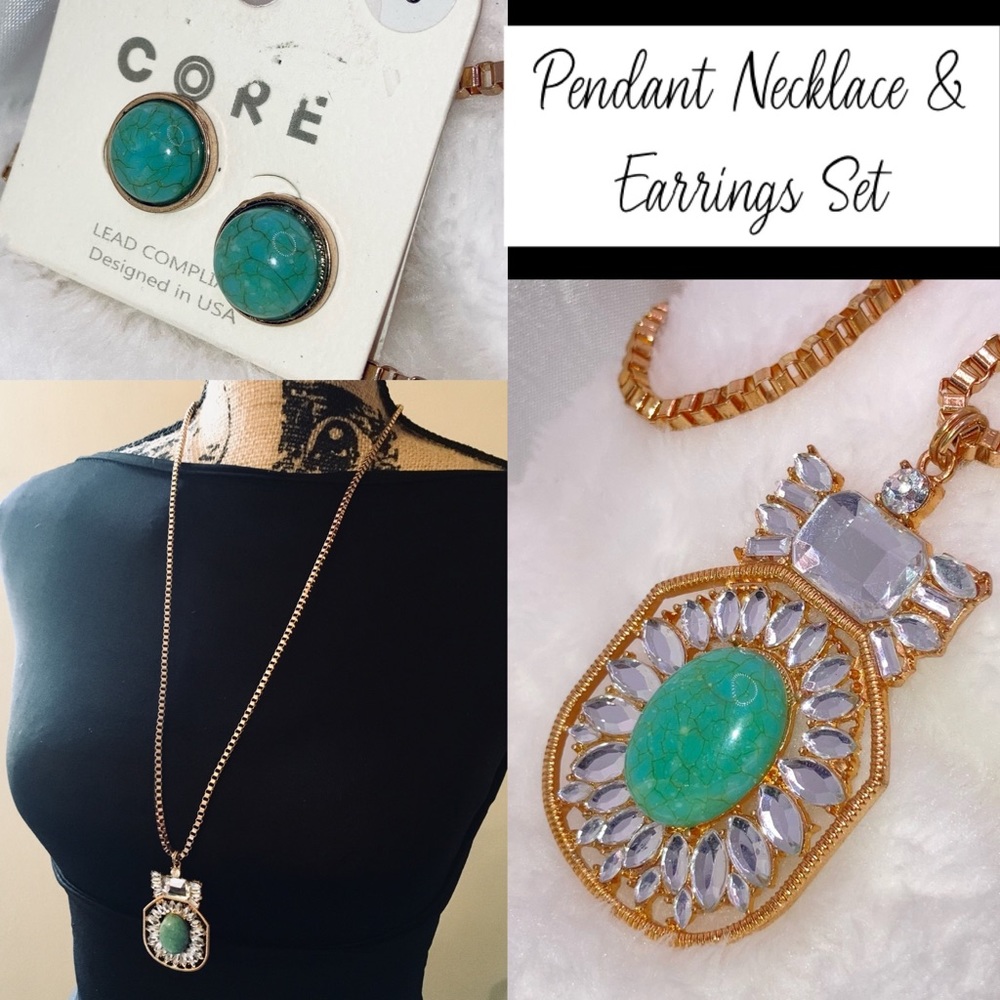 Stylish Turquoise Pendant Necklace & Earrings Set